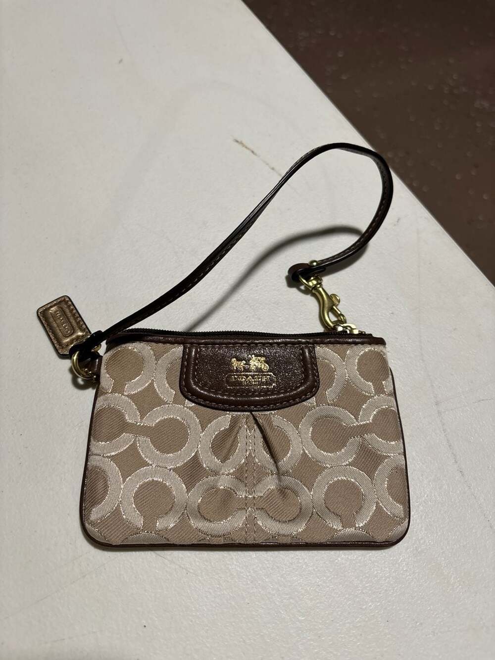 Coach Signature Optic Lurex Wristlet with Leather Trim and Gold Hardware